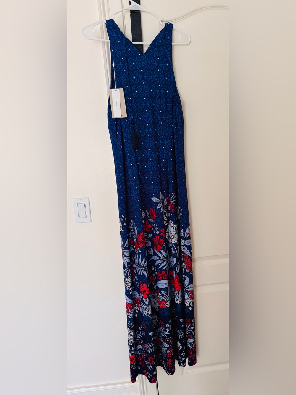 Tommy Bahama Navy Blue Maxi Dress with Red and White Floral Border